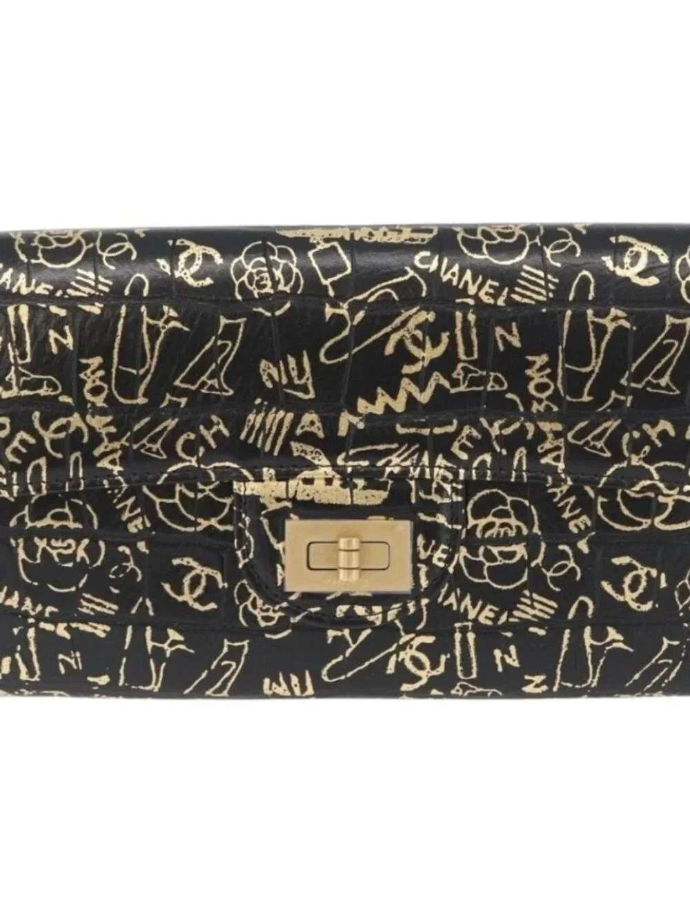 CHANEL 2.55 Long Wallet Croco Embossed Black Gold CC Auth 172450SAV